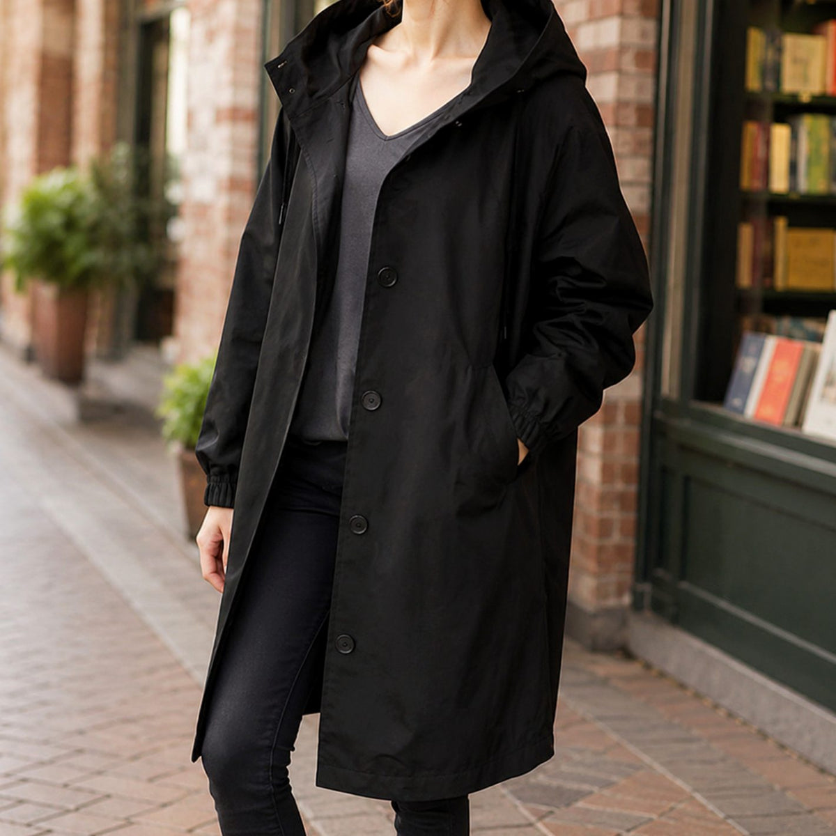 Women's Relaxed-Fit Hooded Overcoat Button-Front Knee-Length - Black