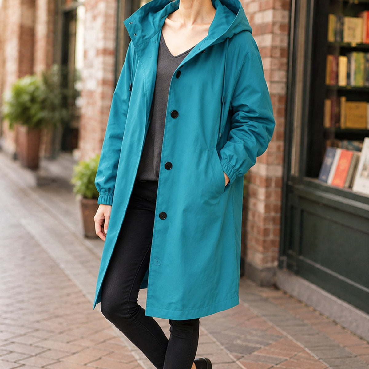 Women's Relaxed-Fit Hooded Overcoat Button-Front Knee-Length - Blue