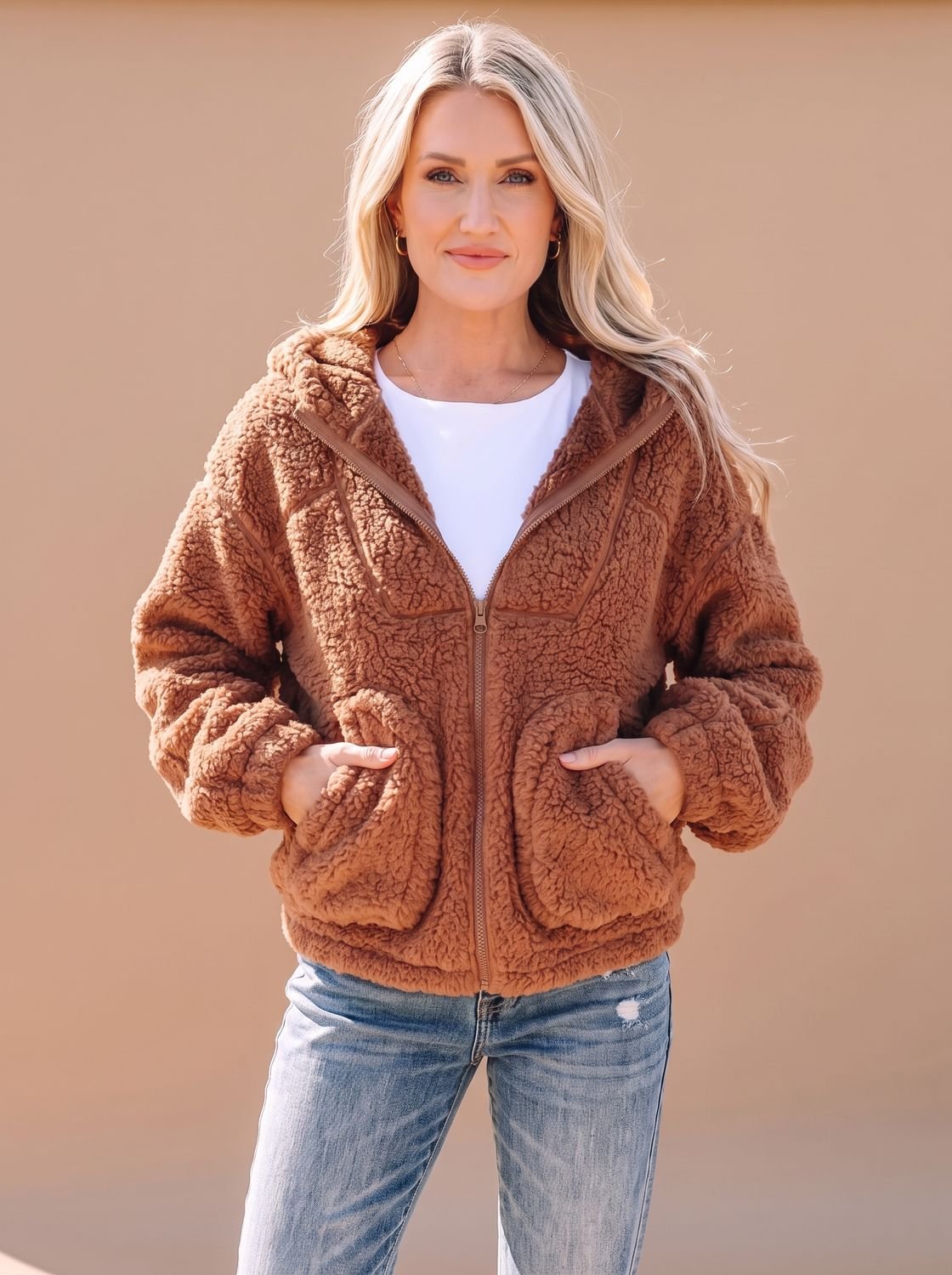 Women's Relaxed-Fit Hooded Teddy Zip Up Jacket - Caramel