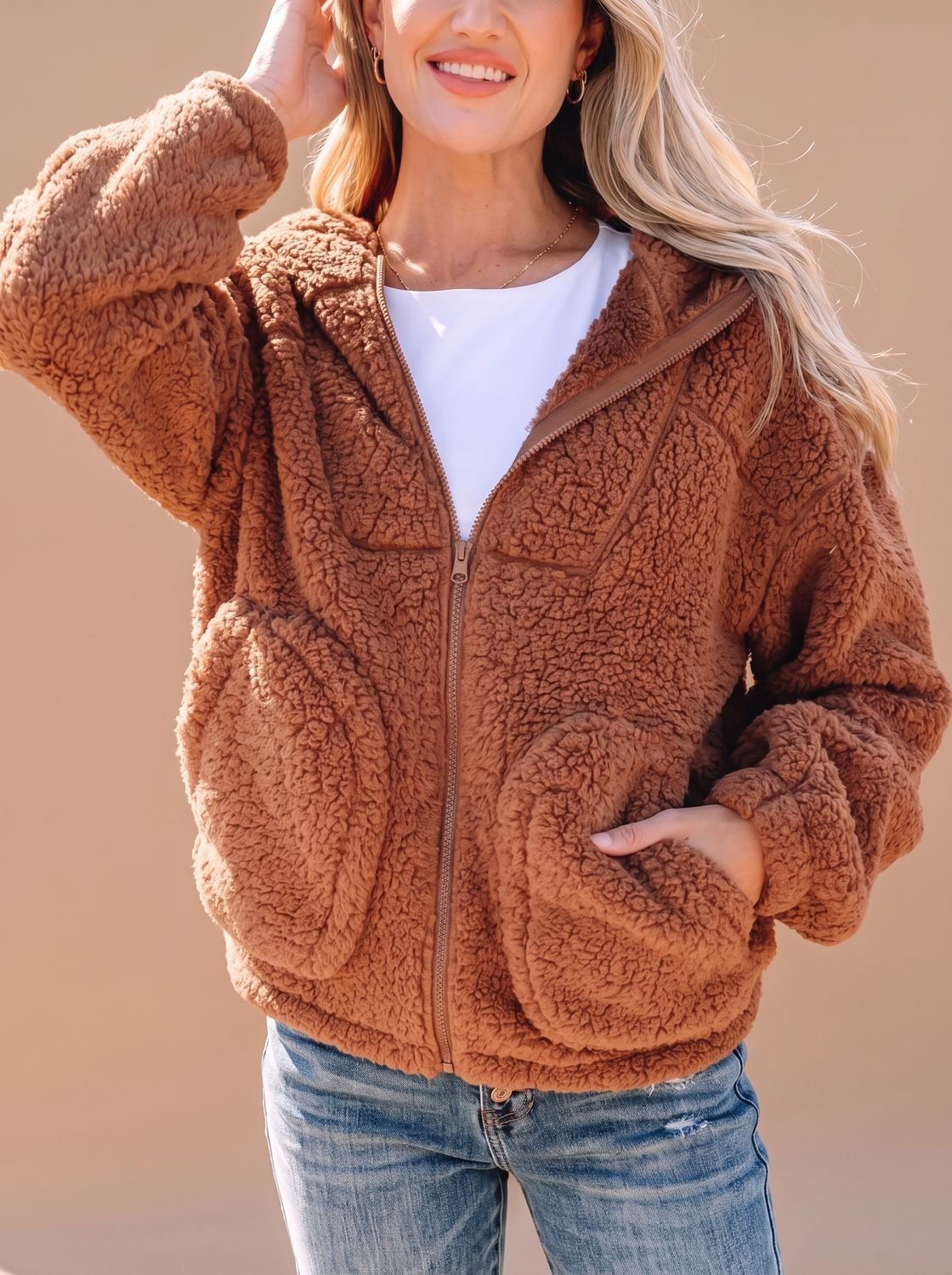 Women's Relaxed-Fit Hooded Teddy Zip Up Jacket
