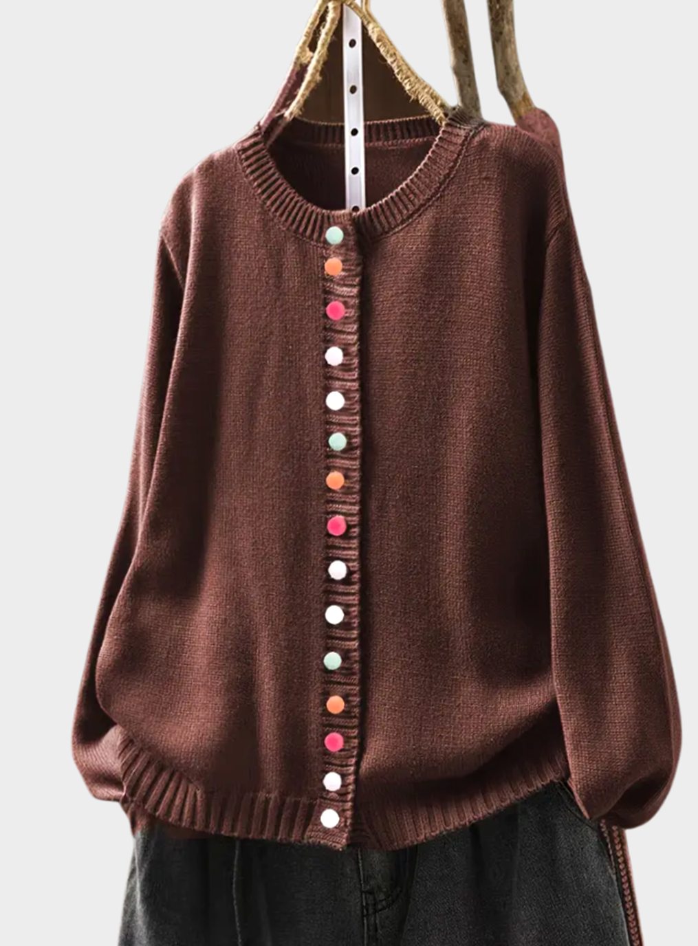 Women's Relaxed-Fit Knitted Cardigan Multicoloured Button-Down - Dark Brown