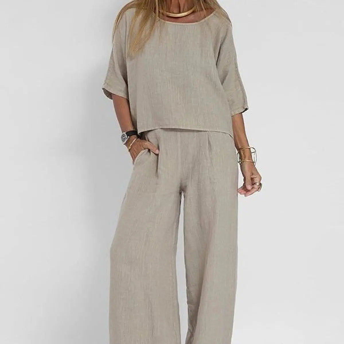 Women's Relaxed-Fit Linen Blouse Wide-Leg Trouser Two-Piece Set - Light Grey
