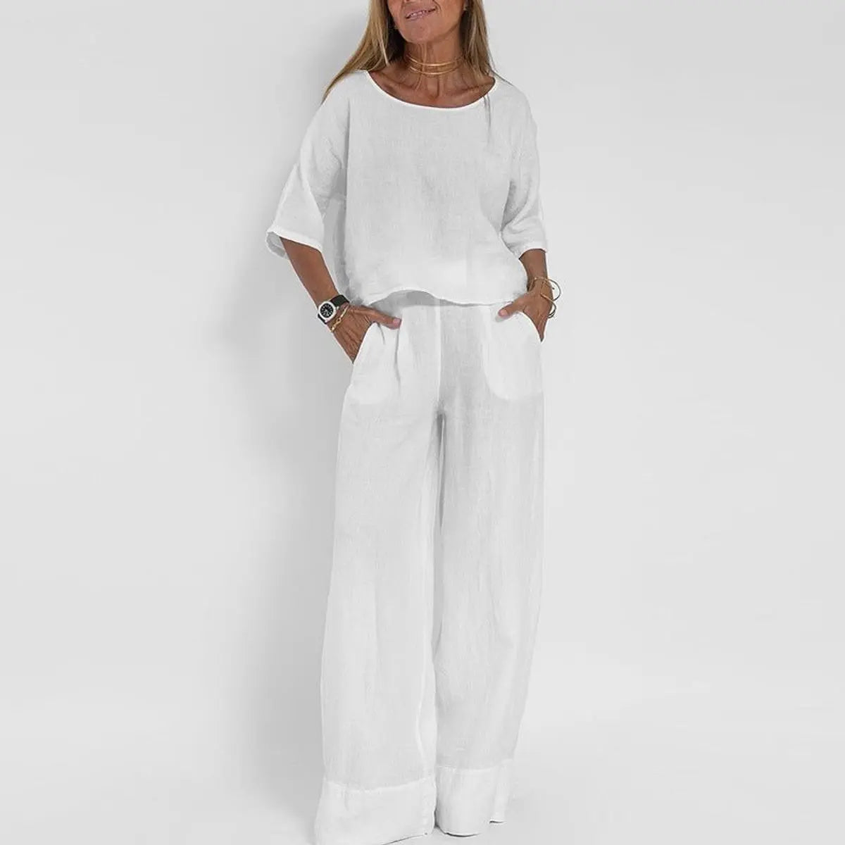 Women's Relaxed-Fit Linen Blouse Wide-Leg Trouser Two-Piece Set - White