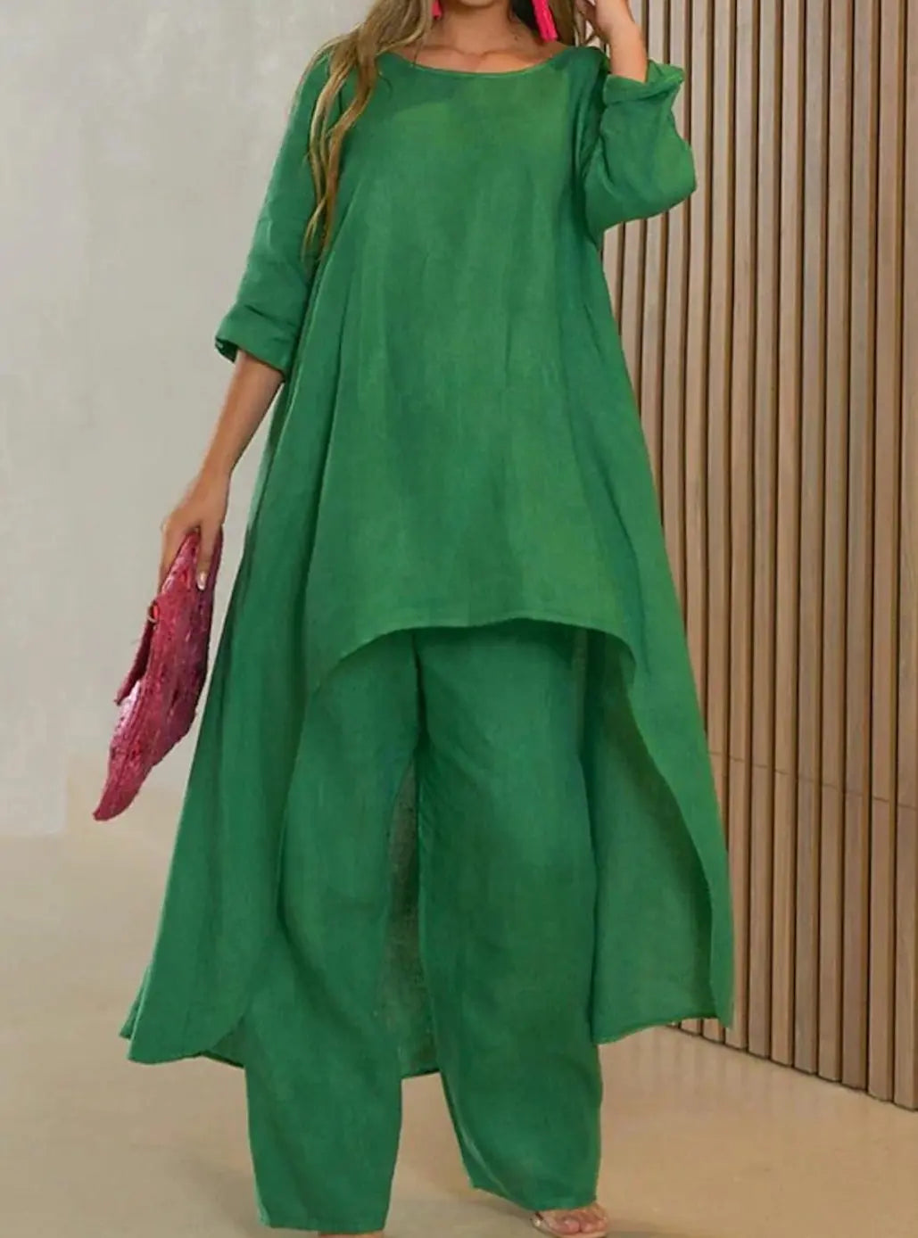 Women's Relaxed-Fit Long-Sleeve Asymmetric Hem Two-Piece Set - Green