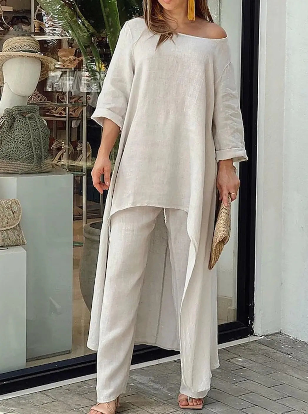 Women's Relaxed-Fit Long-Sleeve Asymmetric Hem Two-Piece Set - Beige