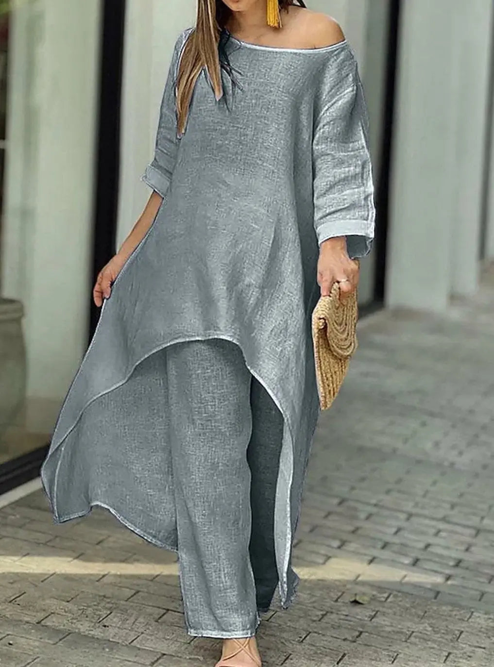 Women's Relaxed-Fit Long-Sleeve Asymmetric Hem Two-Piece Set - Grey