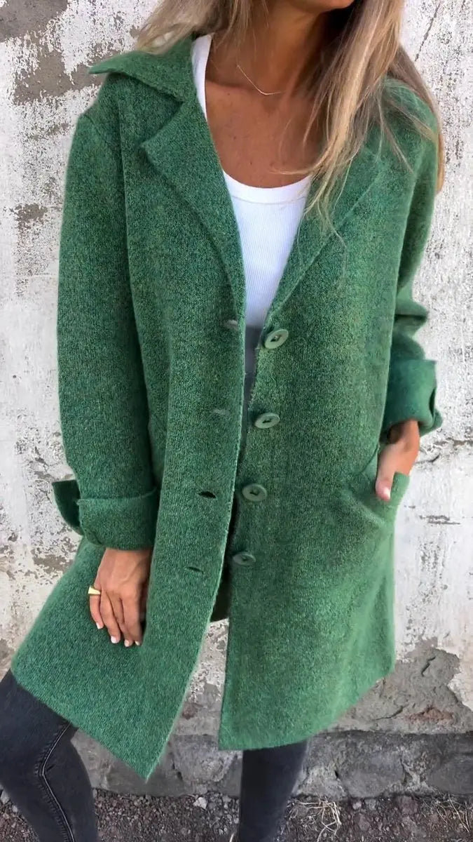 Women's Relaxed-Fit Longline Button-Up Coat Lapel Collar - Green