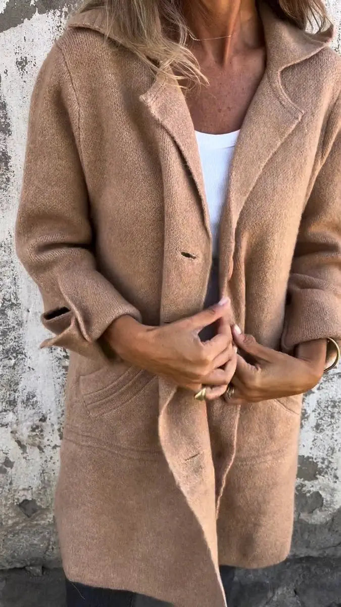 Women's Relaxed-Fit Longline Button-Up Coat Lapel Collar - Khaki
