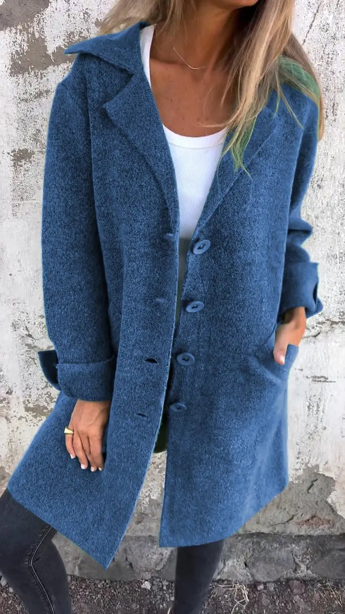 Women's Relaxed-Fit Longline Button-Up Coat Lapel Collar - Blue