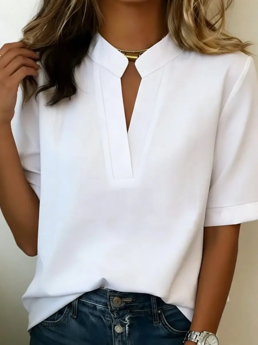 Women's Relaxed-Fit Notched V-Neck Short-Sleeve Blouse Jumper Top