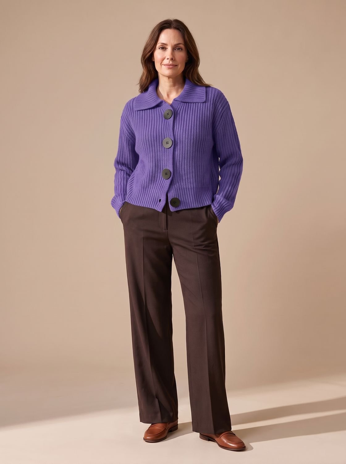 Women's Relaxed-Fit Ribbed Knit Folded Collar Pullover Jumper - Purple