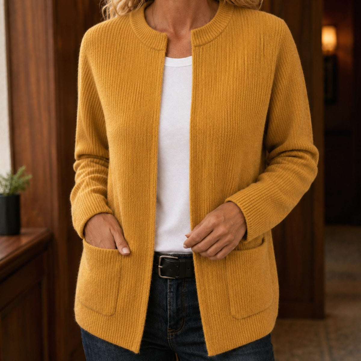 Women's Relaxed-Fit Ribbed Open-Front Cardigan with Patch Pockets - Yellow
