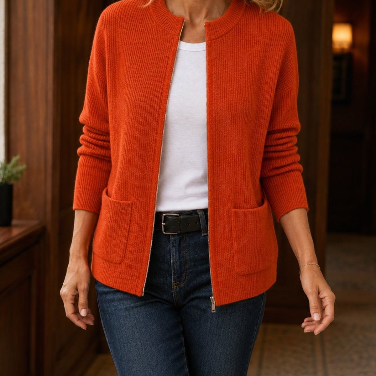 Women's Relaxed-Fit Ribbed Open-Front Cardigan with Patch Pockets - Orange