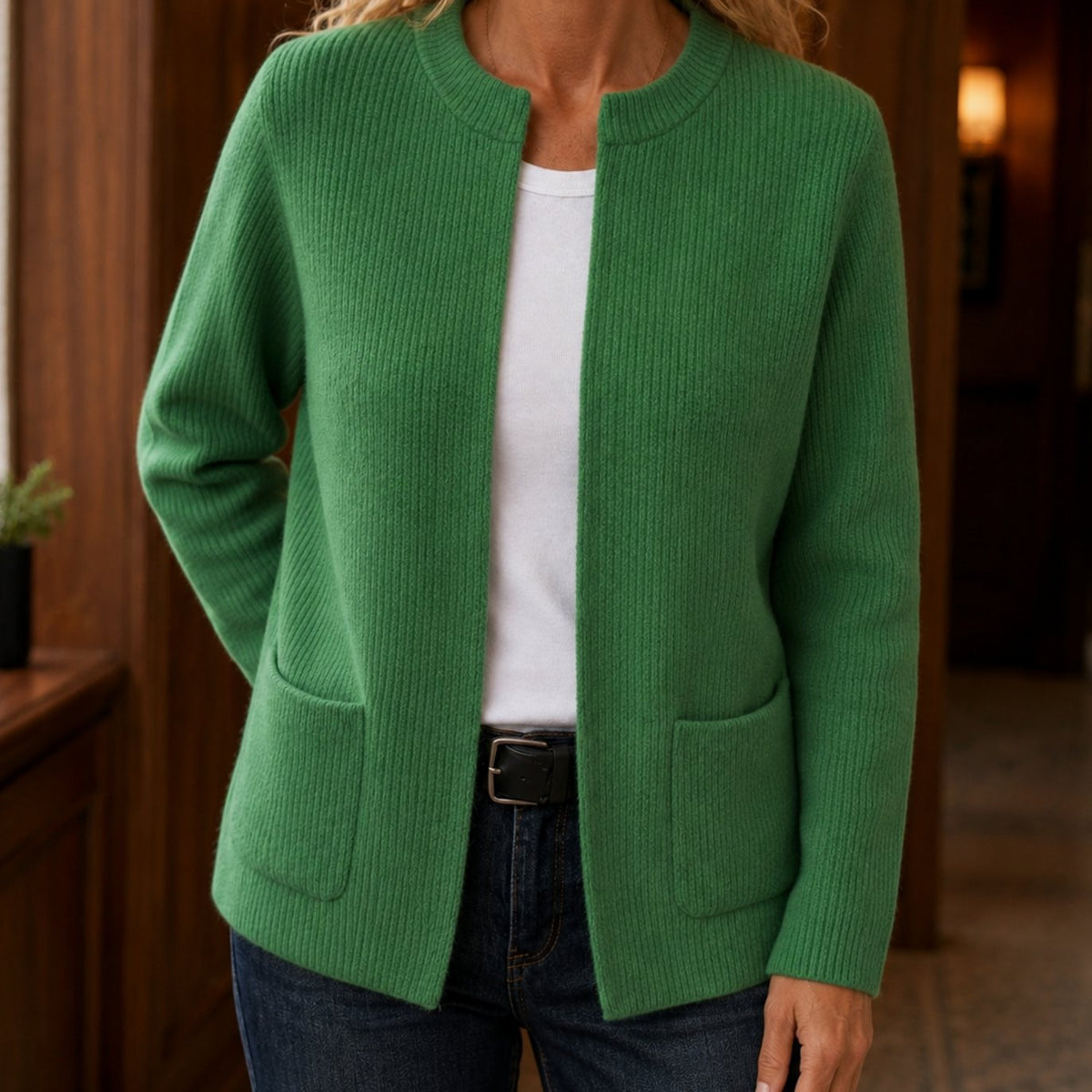 Women's Relaxed-Fit Ribbed Open-Front Cardigan with Patch Pockets - Green