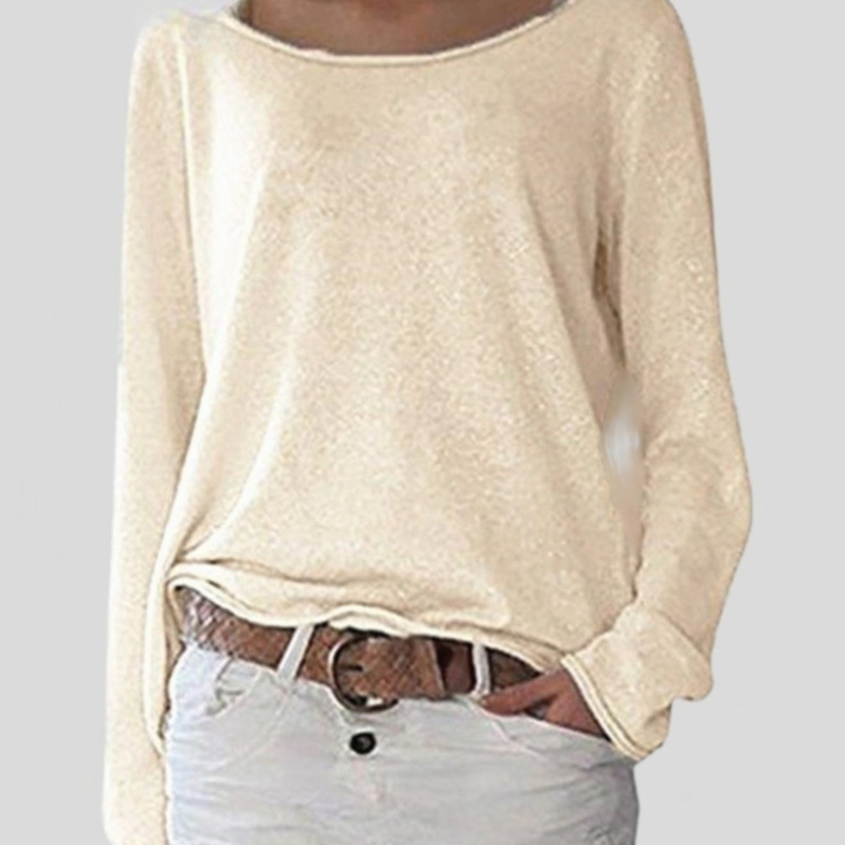 Women's Relaxed-Fit Round-Neck Long-Sleeve Pullover Jumper - Beige