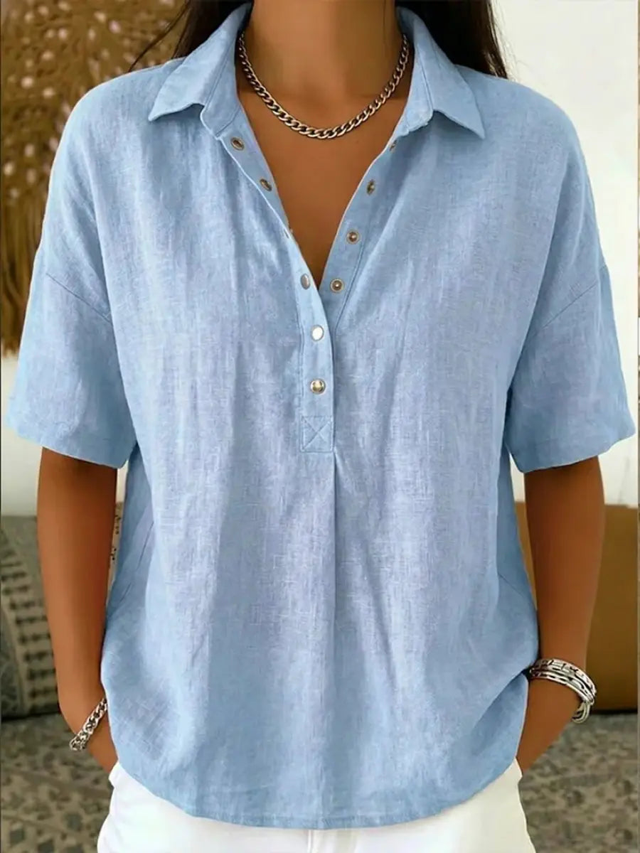 Women's Relaxed-Fit Short-Sleeve Collared Linen Shirt - Light Blue