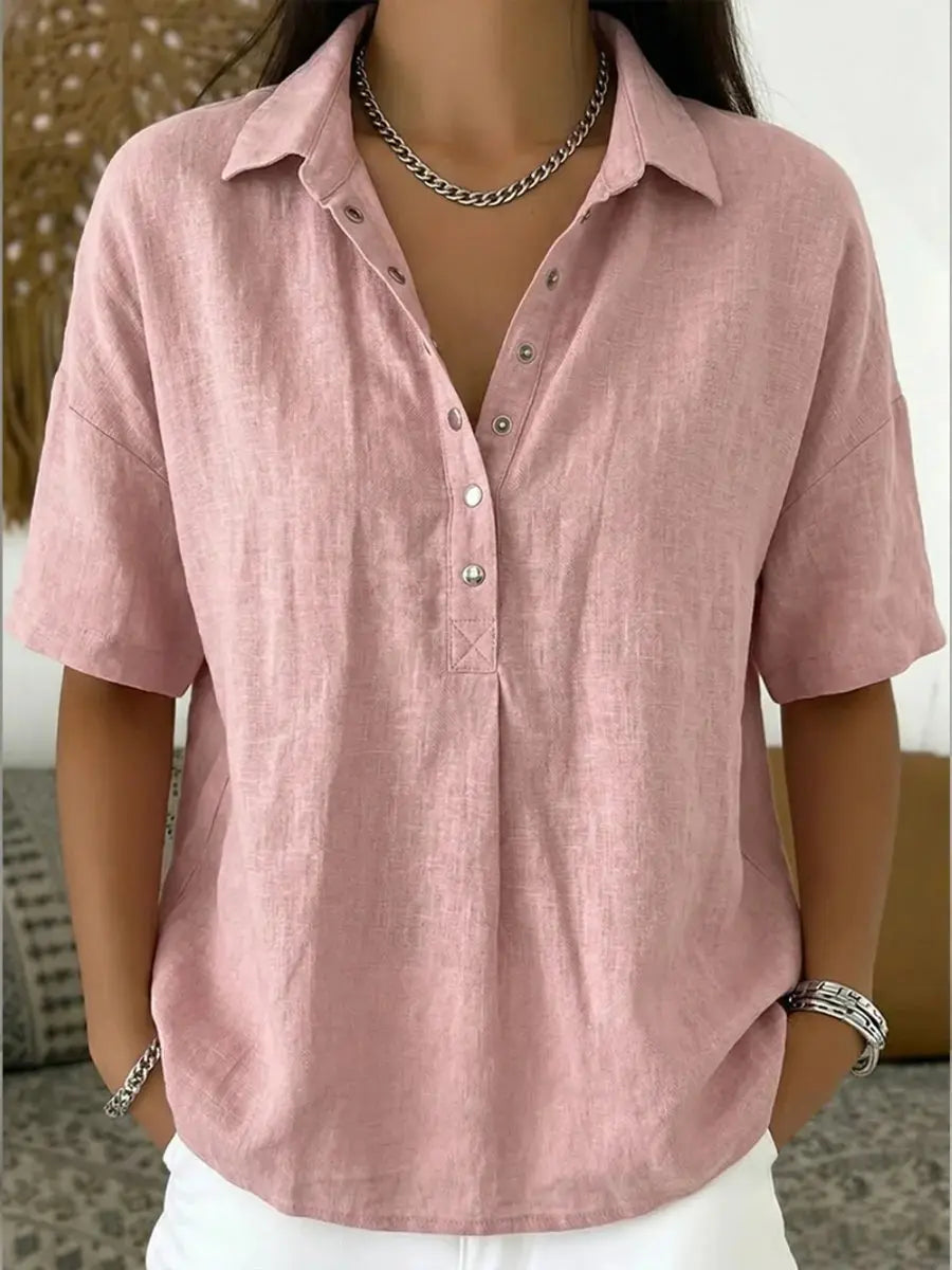 Women's Relaxed-Fit Short-Sleeve Collared Linen Shirt - Pink
