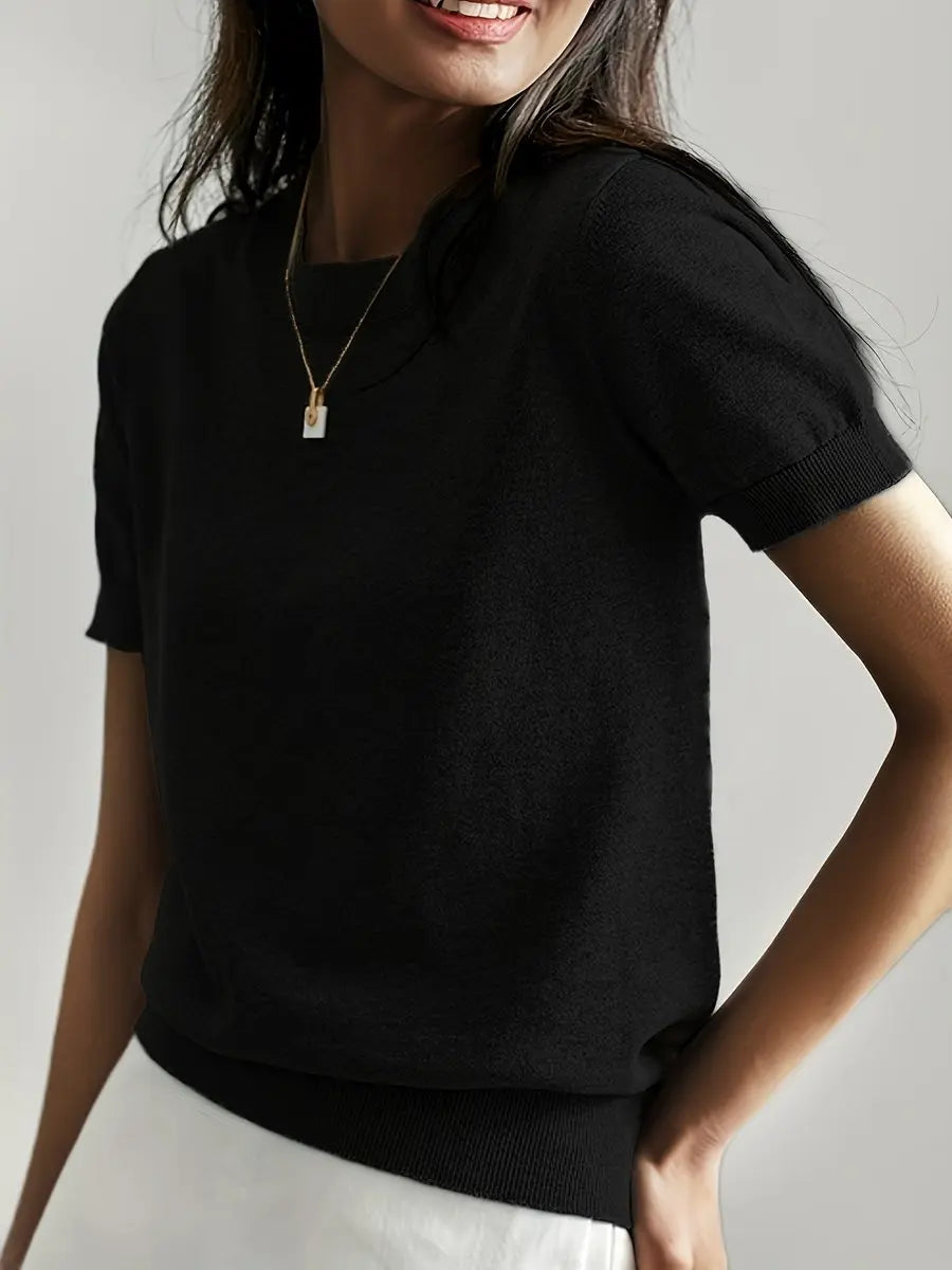 Women's Relaxed Fit Short Sleeve Knit Sweater Top - Black