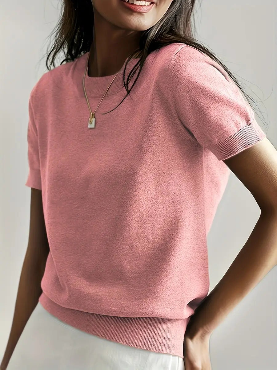Women's Relaxed Fit Short Sleeve Knit Sweater Top - Pink