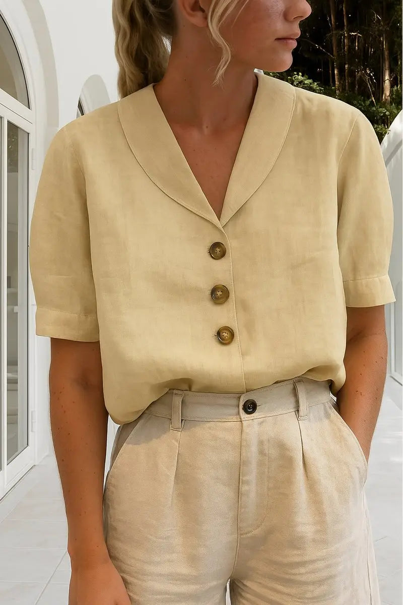Women's Relaxed-Fit Short-Sleeve Shawl-Collar Button-Front Blouse - Beige