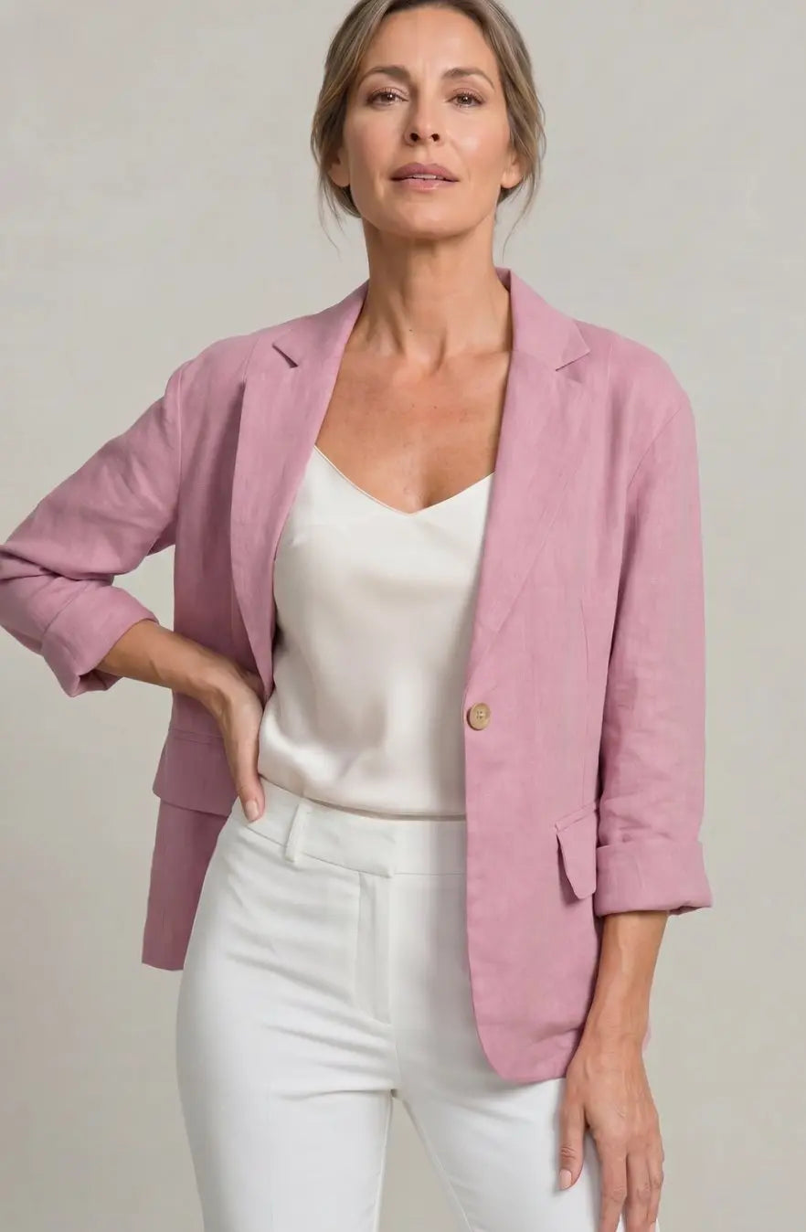Women's Relaxed-Fit Single-Button Linen Blazer Jacket - Pink