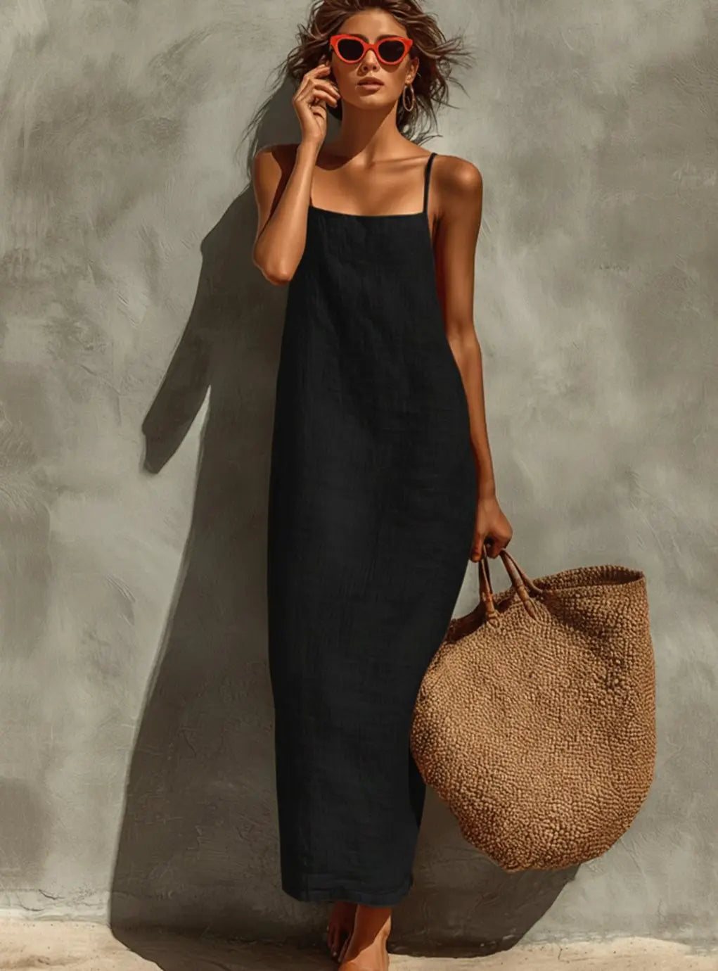 Women's Relaxed-Fit Square-Neck Spaghetti Strap Maxi Dress - Black