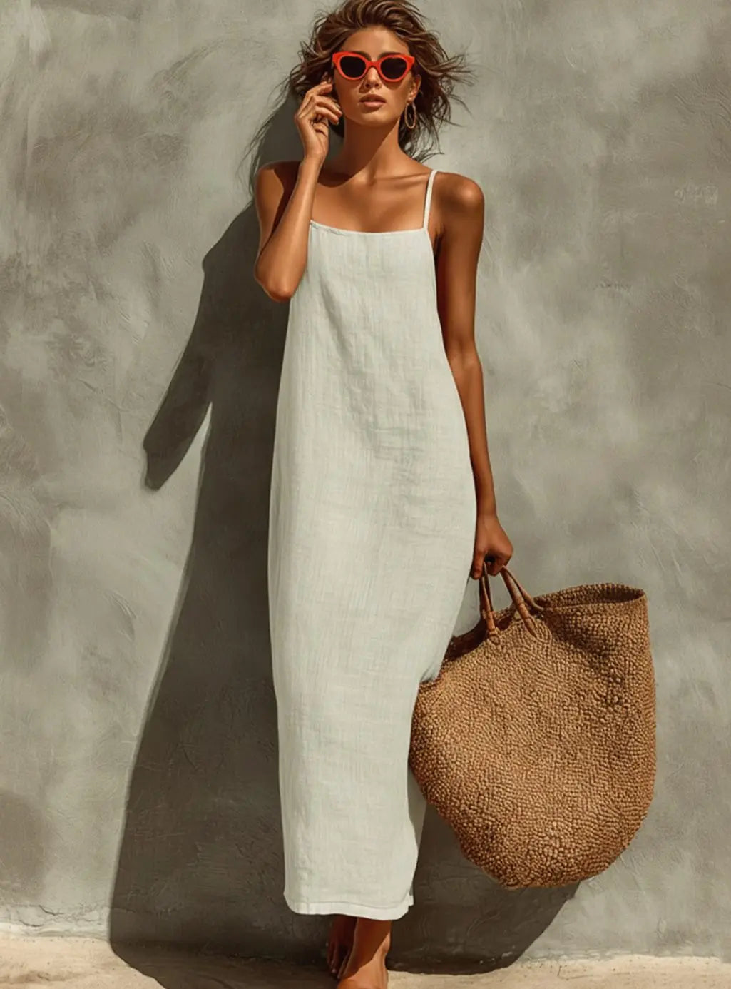 Women's Relaxed-Fit Square-Neck Spaghetti Strap Maxi Dress - White