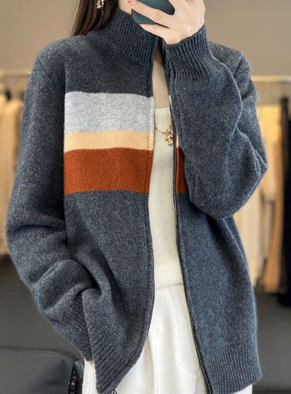 Women's Relaxed-Fit Striped Full-Zip Knit Cardigan