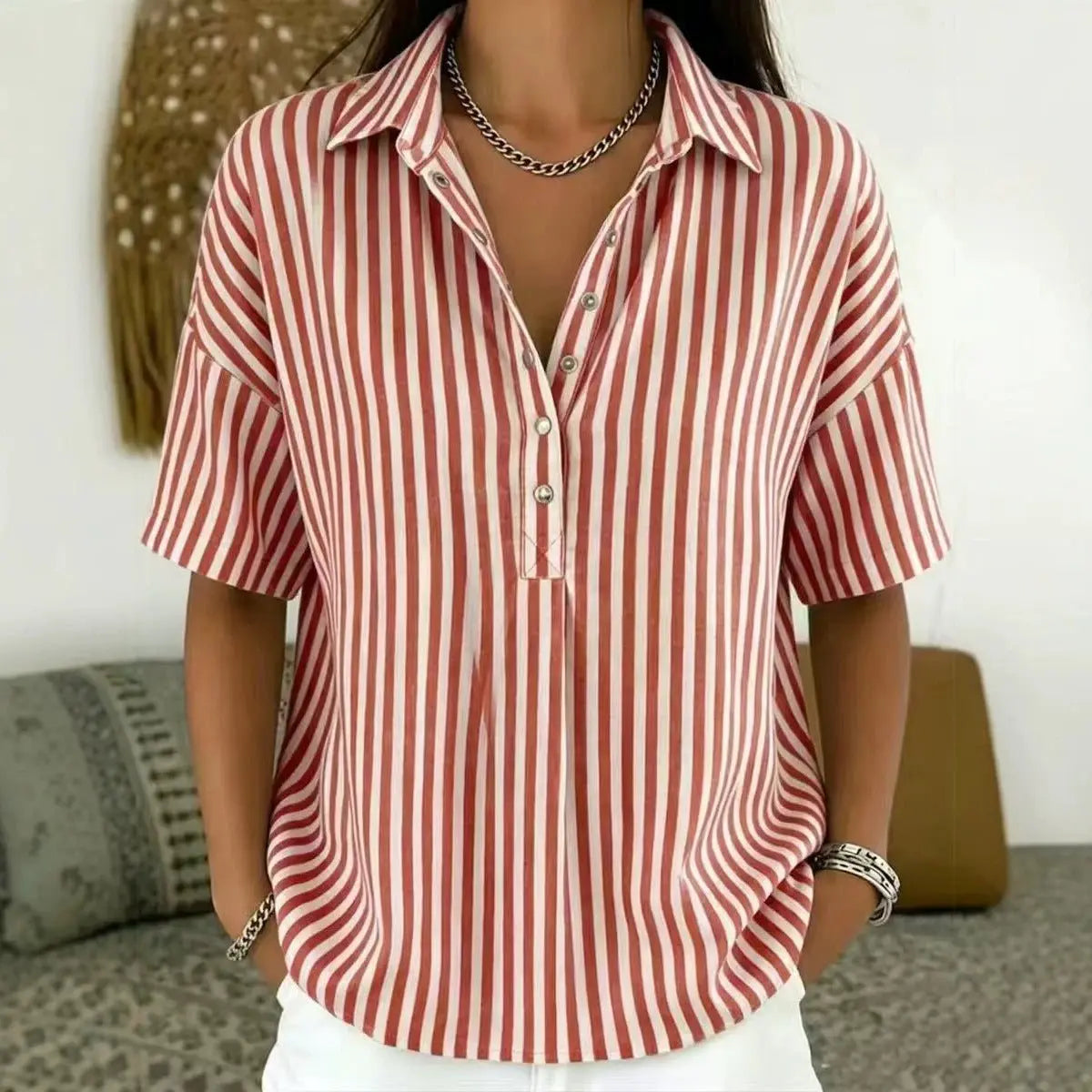 Women's Relaxed-Fit Striped Half-Button Collared Blouse - Red