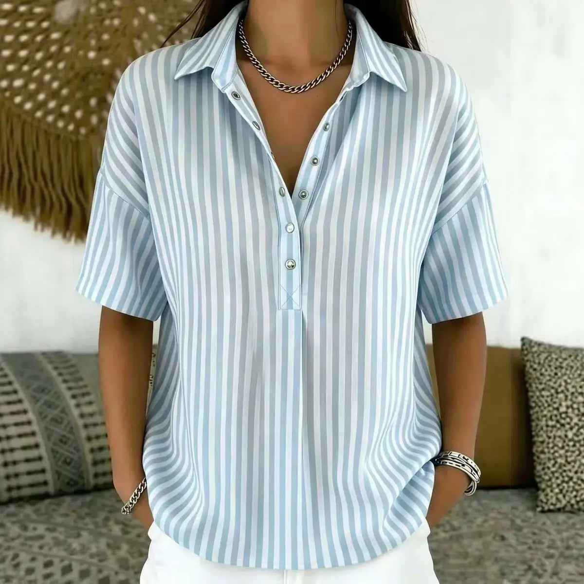 Women's Relaxed-Fit Striped Half-Button Collared Blouse - Blue