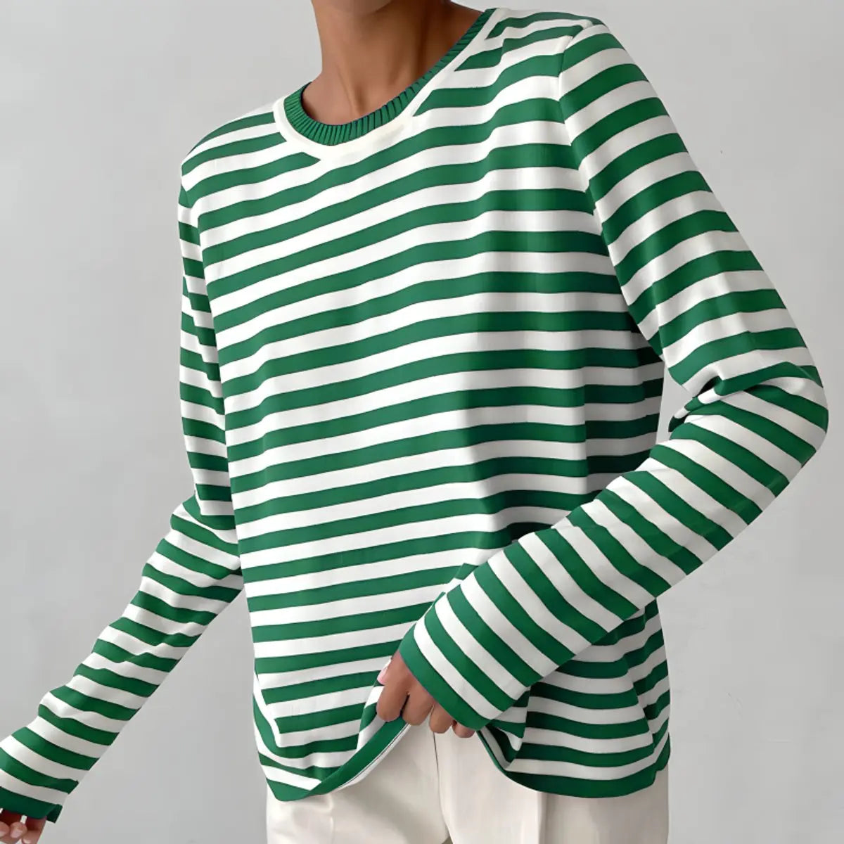 Women's Relaxed-Fit Striped Long Sleeve Round Neck Sweater - Green