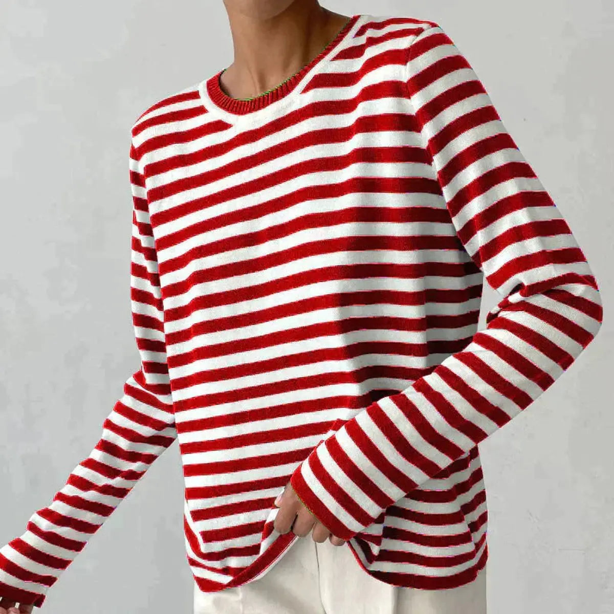 Women's Relaxed-Fit Striped Long Sleeve Round Neck Sweater - Red