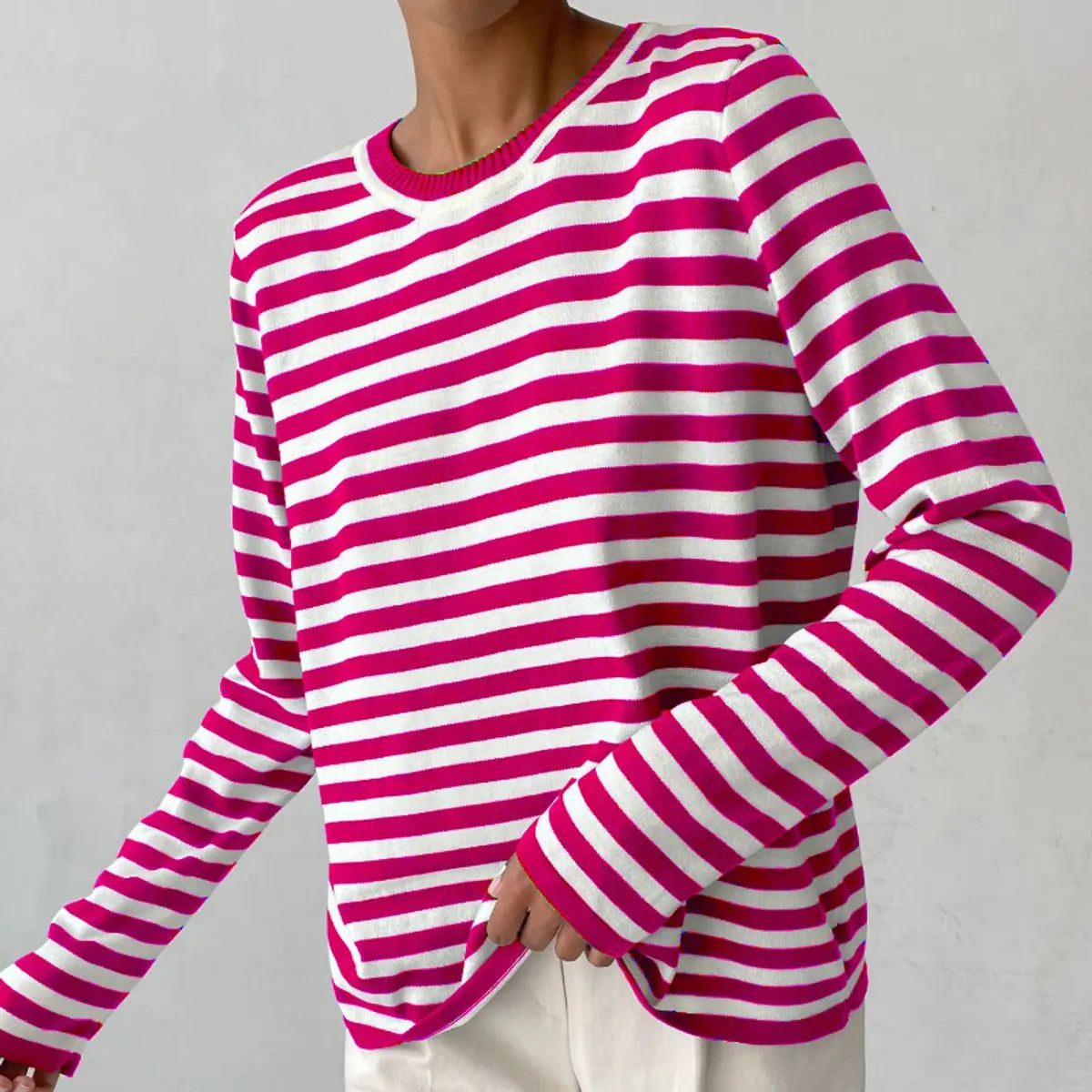 Women's Relaxed-Fit Striped Long Sleeve Round Neck Sweater - Pink