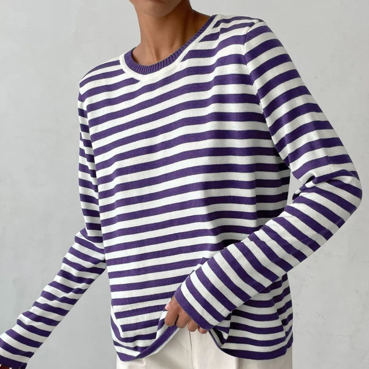 Women's Relaxed-Fit Striped Long Sleeve Round Neck Sweater - Purple