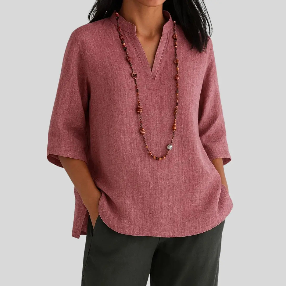 Women's Relaxed-Fit V-Neck 3/4 Sleeve Linen Tunic - Red