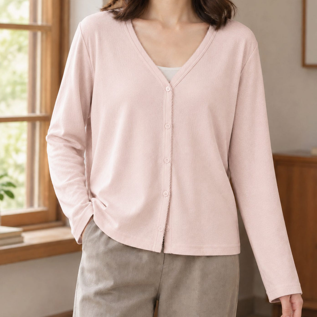 Women's Relaxed-Fit V-Neck Button-Front Cardigan - Pearl Pink