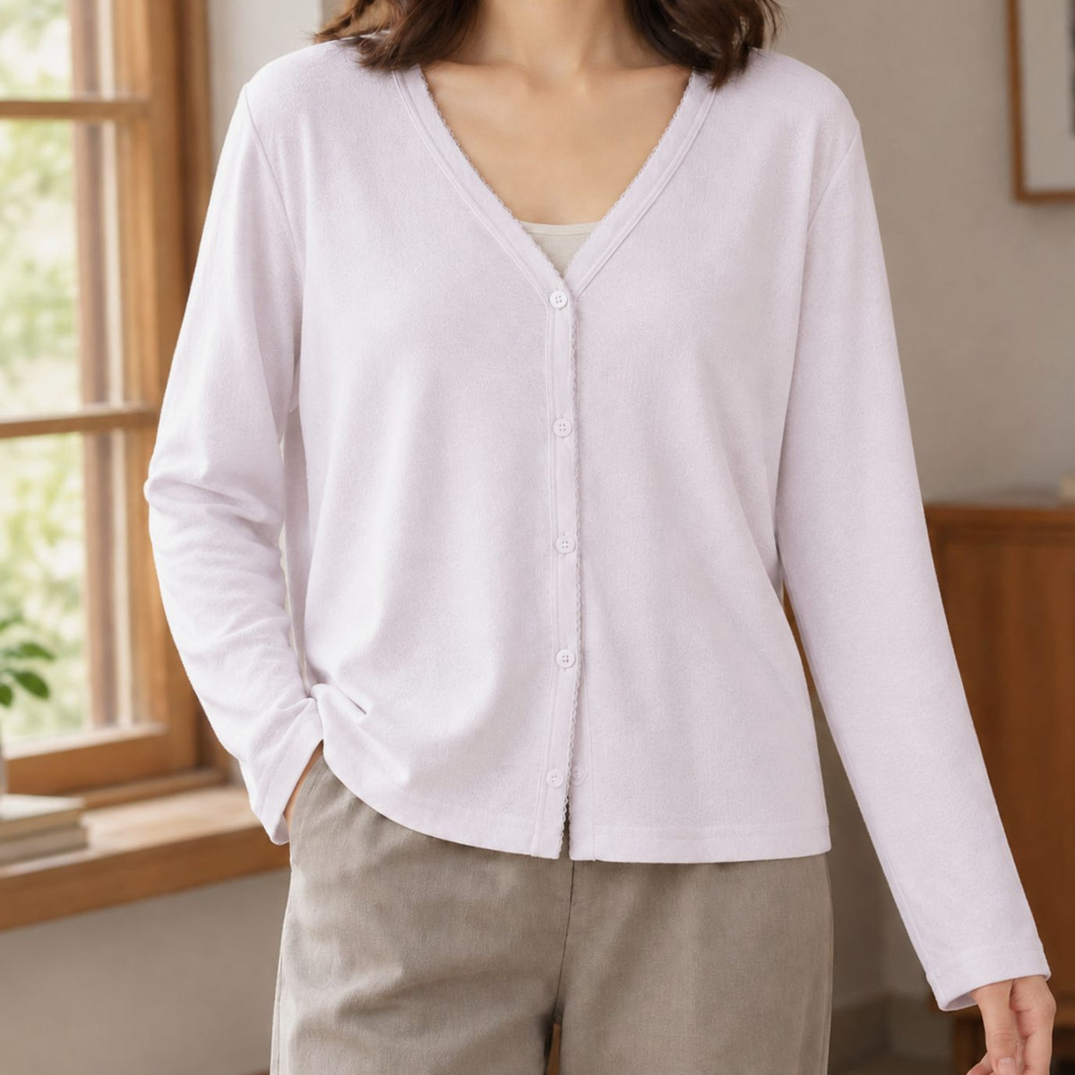 Women's Relaxed-Fit V-Neck Button-Front Cardigan - Soft Mist Purple