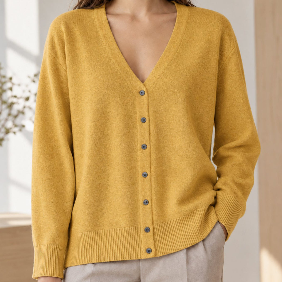 Women's Relaxed-Fit V-Neck Button-Front Knit Cardigan - Mustard Yellow