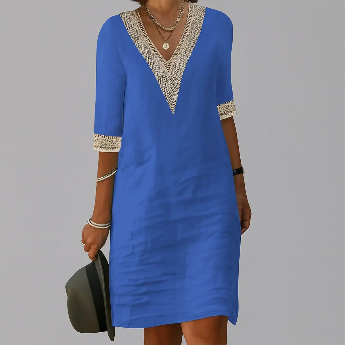 Women's Relaxed-Fit V-Neck Crochet-Trim Long Sleeve Dress - Blue
