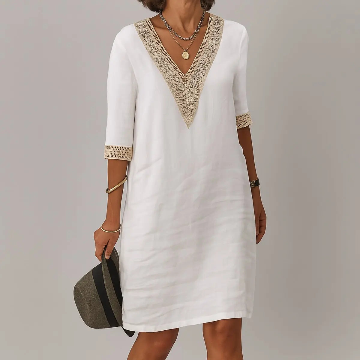 Women's Relaxed-Fit V-Neck Crochet-Trim Long Sleeve Dress - White
