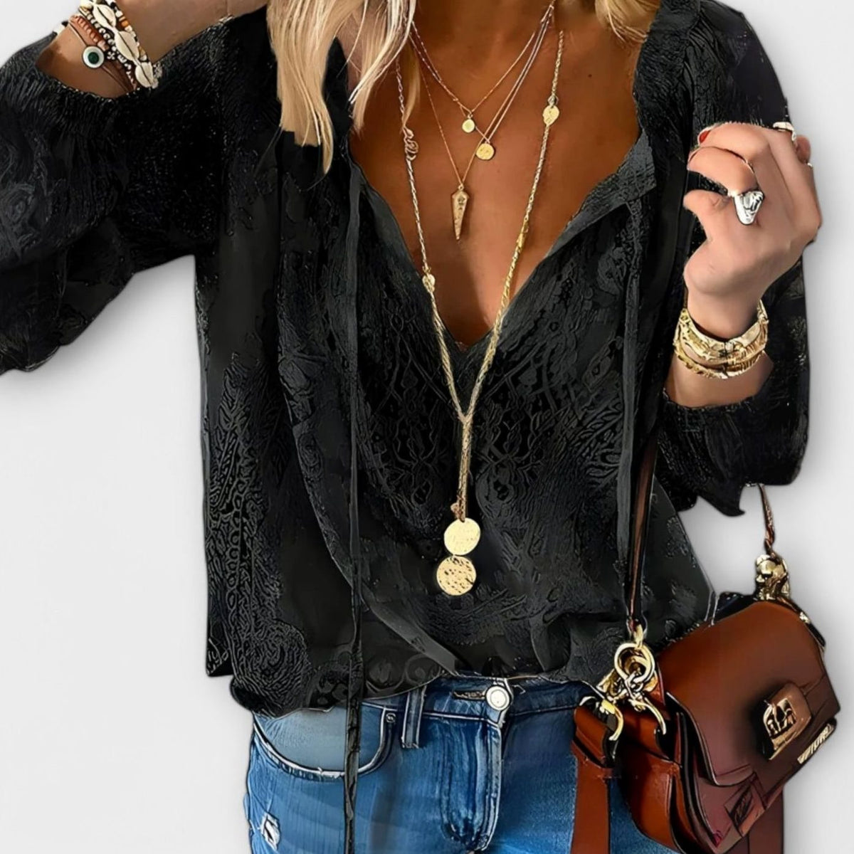 Women's Relaxed-Fit V-Neck Lace Long Sleeve Top - Black