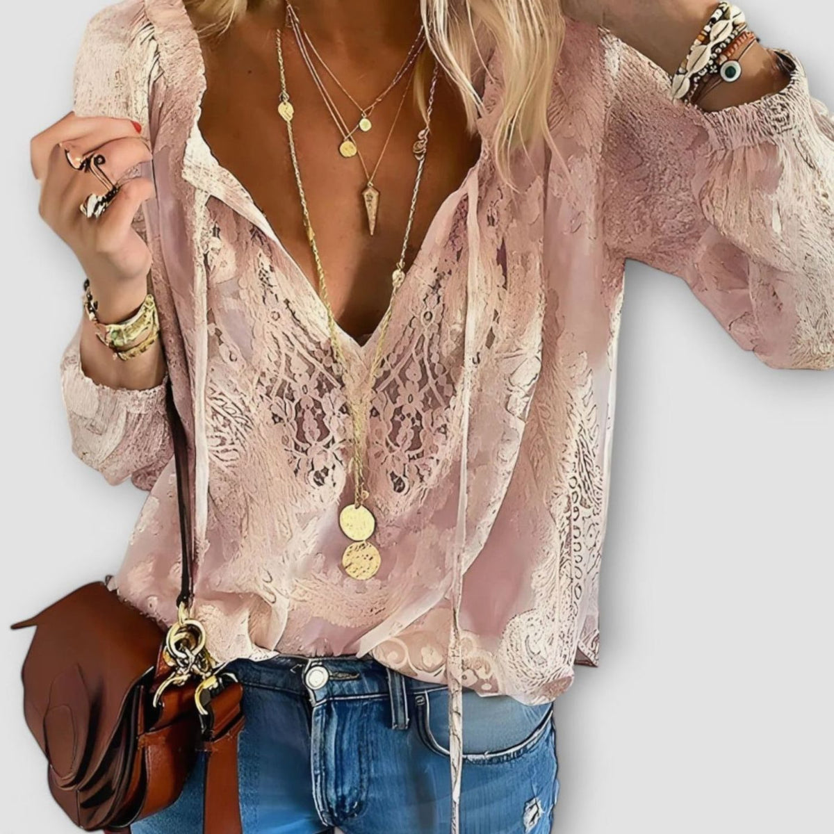 Women's Relaxed-Fit V-Neck Lace Long Sleeve Top - Pink