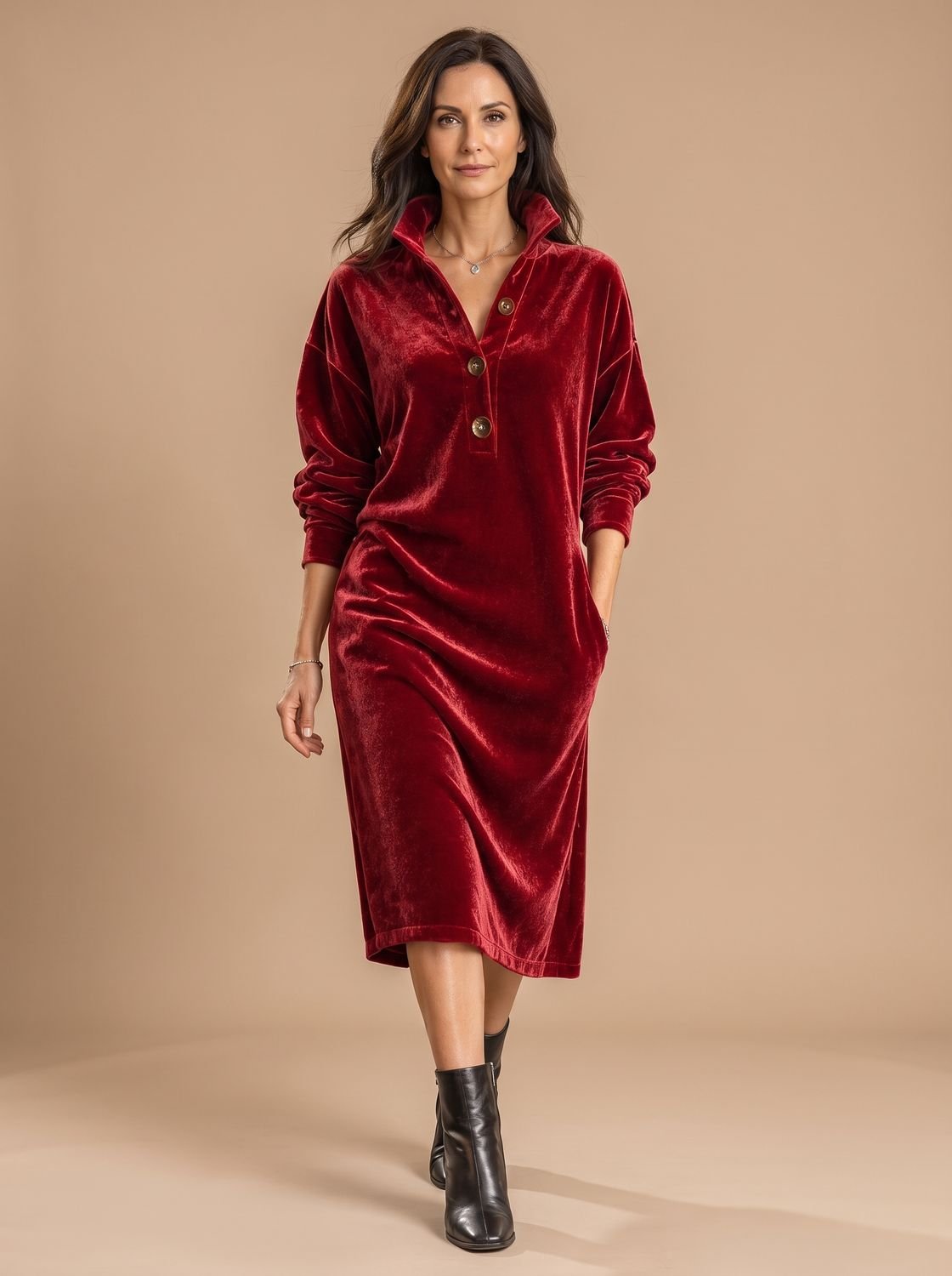 Women's Relaxed-Fit Velvet Midi Dress Button Placket Collar - Red