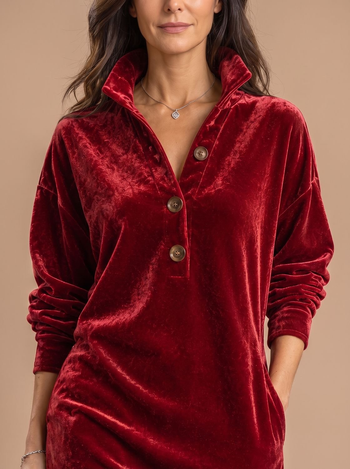 Women's Relaxed-Fit Velvet Midi Dress Button Placket Collar