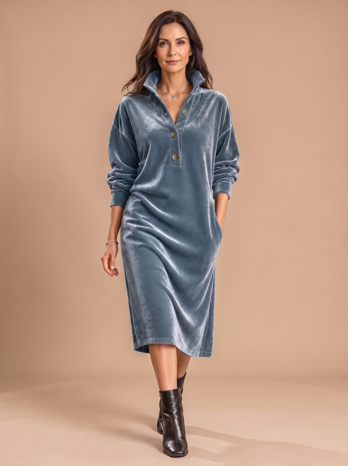 Women's Relaxed-Fit Velvet Midi Dress Button Placket Collar - Blue