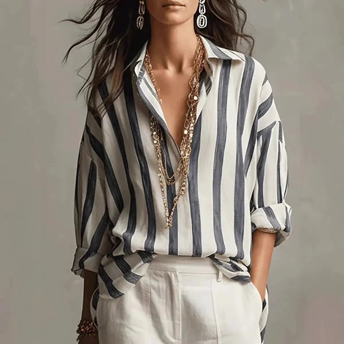 Women's Relaxed-Fit Vertical Striped Linen-Style Collared Blouse - Black