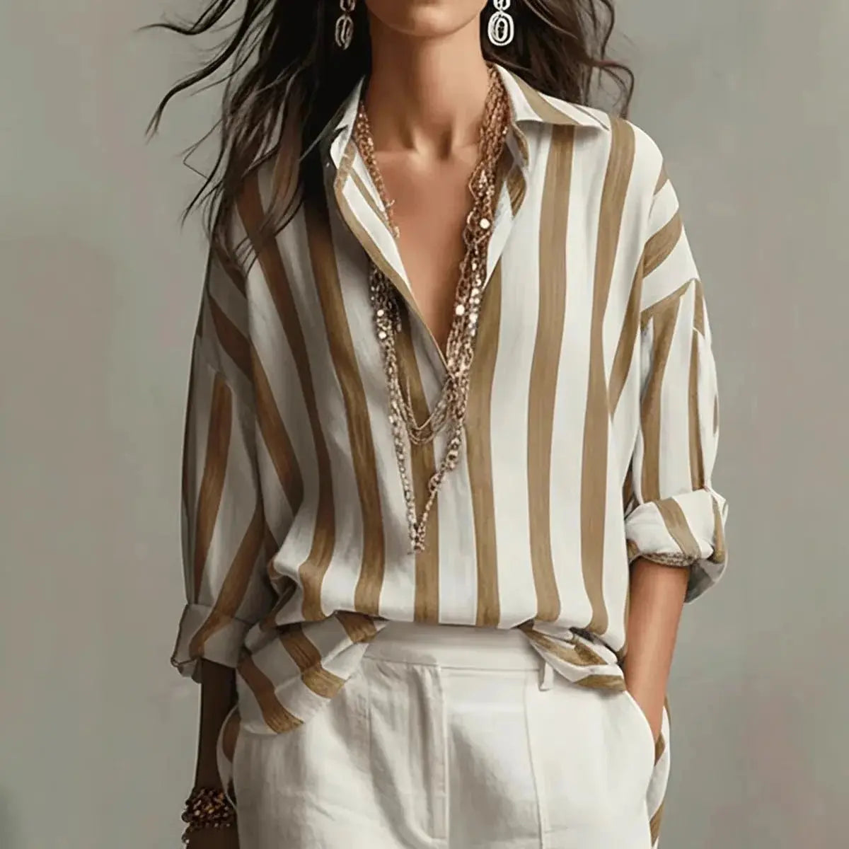 Women's Relaxed-Fit Vertical Striped Linen-Style Collared Blouse - Brown