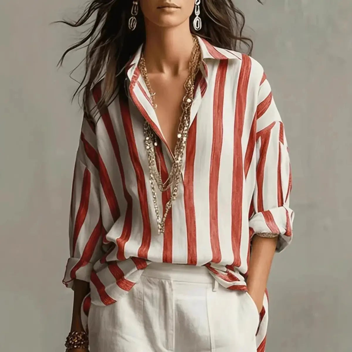 Women's Relaxed-Fit Vertical Striped Linen-Style Collared Blouse - Red