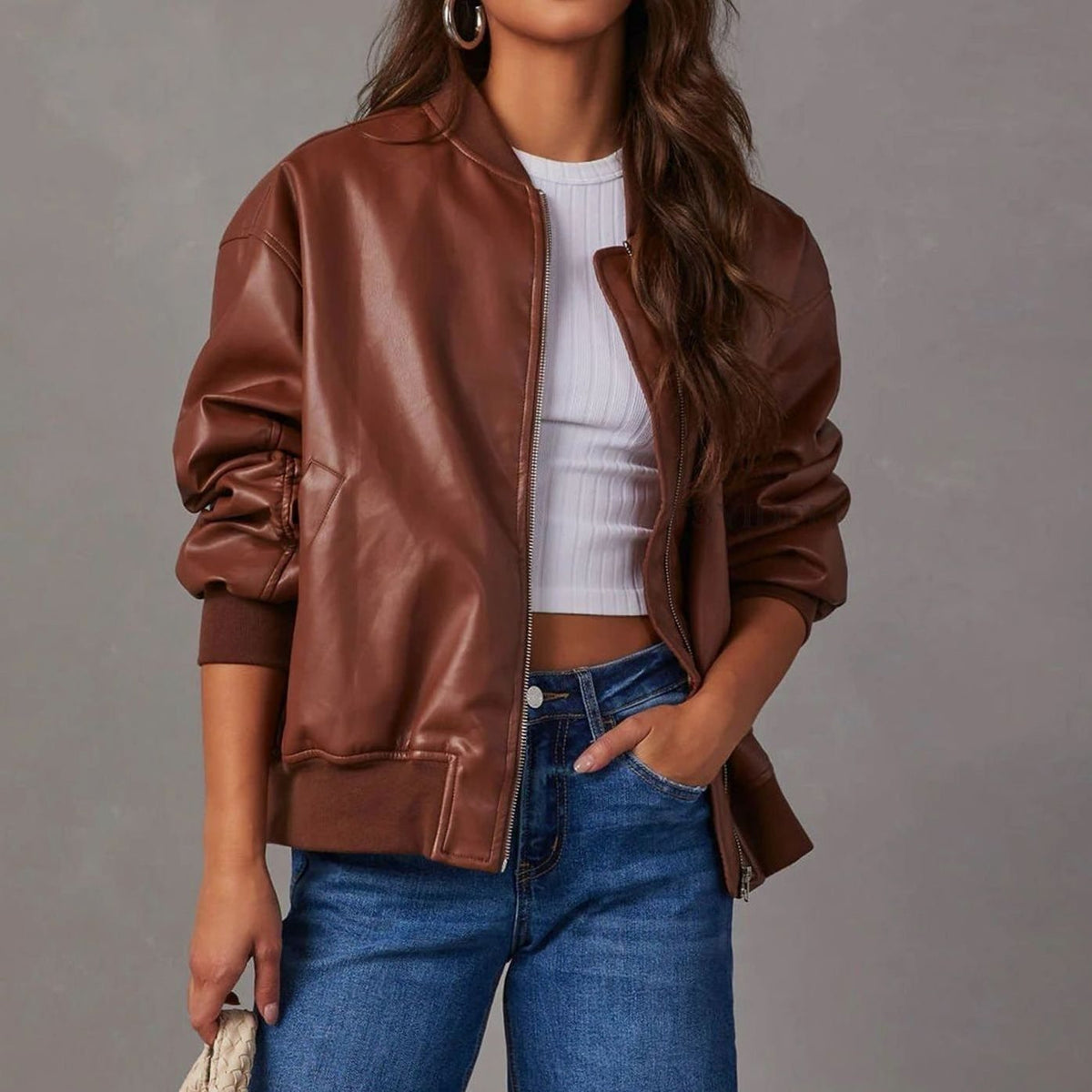 Women's Relaxed-Fit Zip-Up Vegan Leather Bomber Jacket - Brown