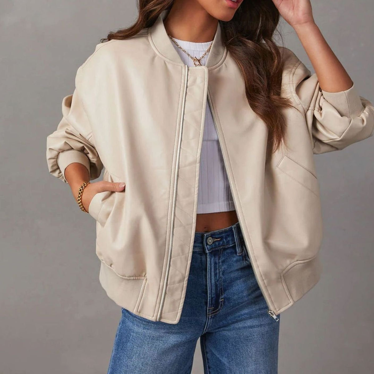 Women's Relaxed-Fit Zip-Up Vegan Leather Bomber Jacket - Cream